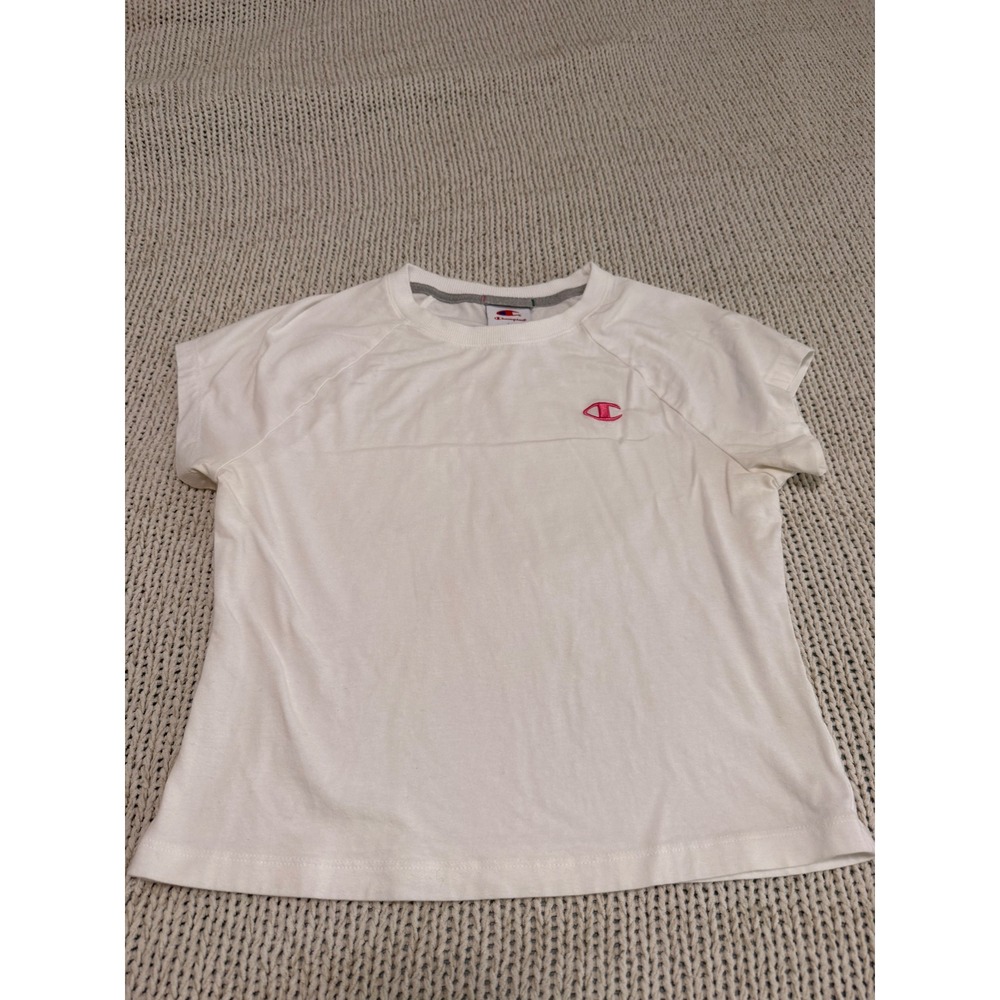 Champion Kids White Short Sleeve T-Shirt Pink Logo Crew Neck Size Medium
